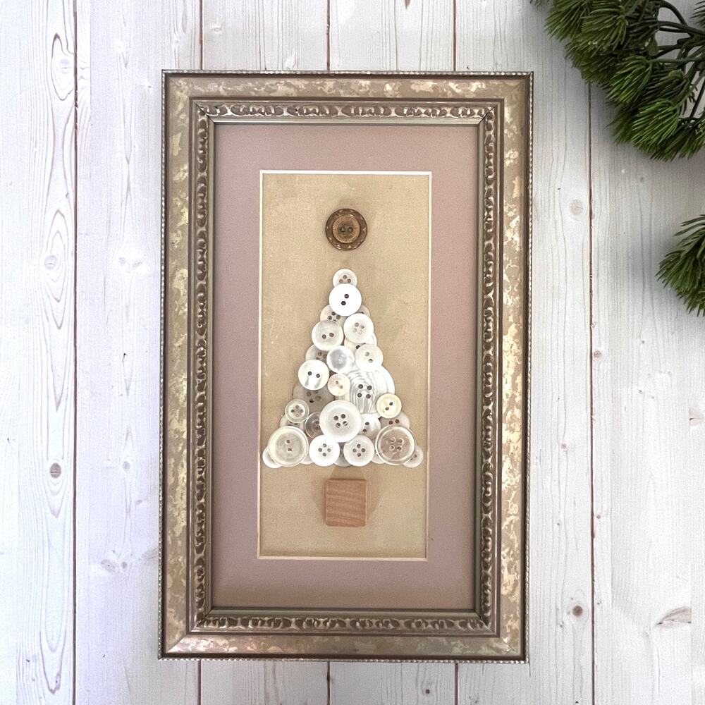 Handcrafted Button Collage Christmas Tree Art Cottage Country Shabby Chic Pastel